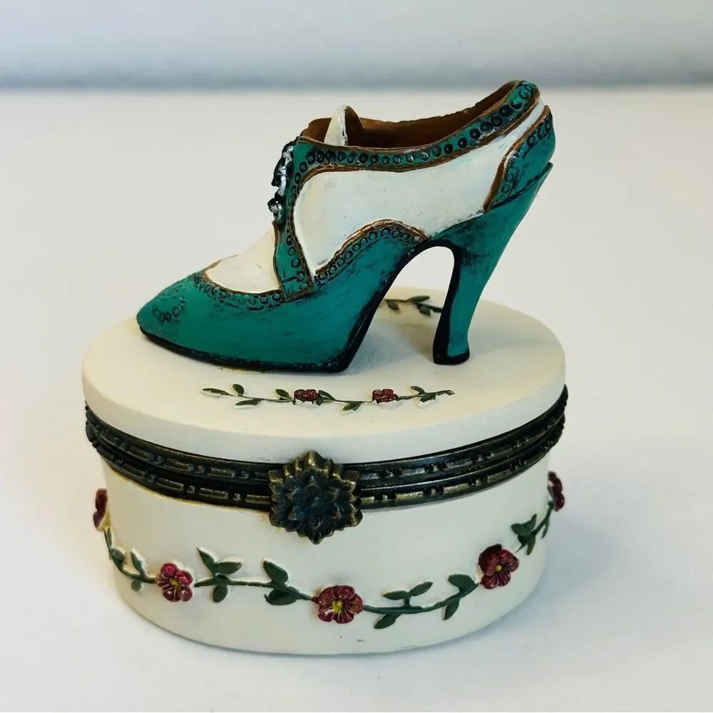 Green White Floral High Heel‎ Vintage Trinket Box